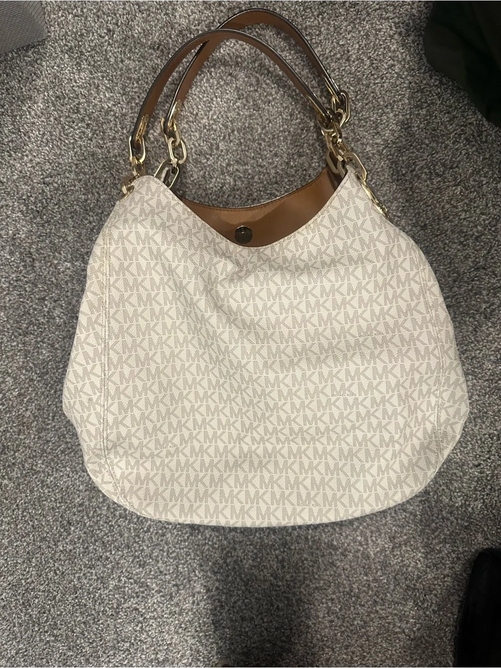 Michael Kors Light Gray Faux Fur Knit Earmuffs with Logo Accent